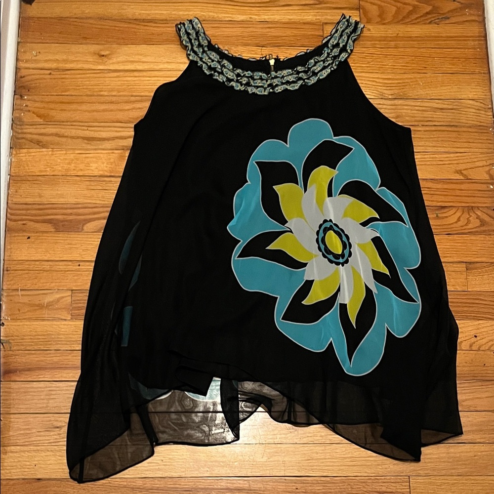 ECI New York Asymmetrical Black Floral Women's Top